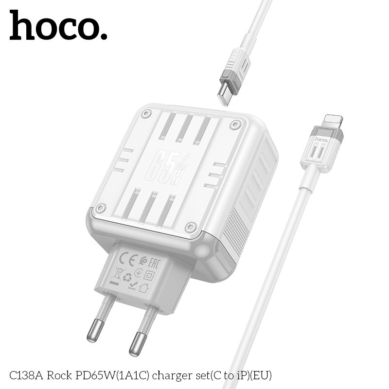 Bộ sạc nhanh 2 cổng 1A1C PD65W Hoco C138A lightning