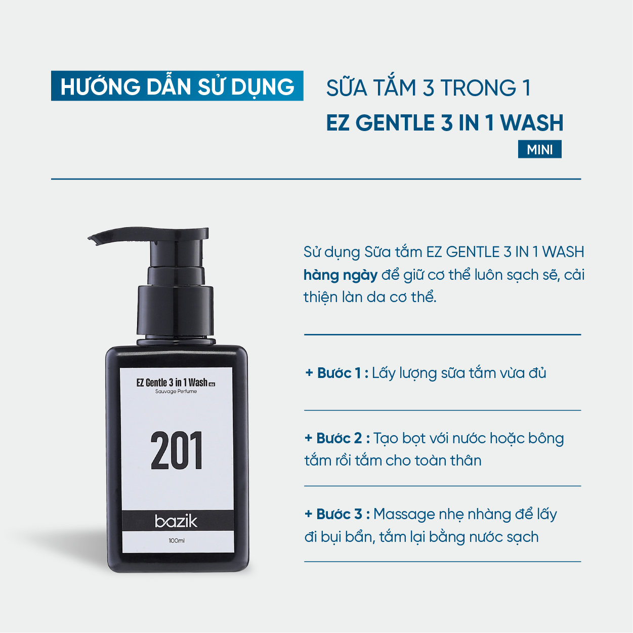 Sữa tắm gội Mini EZ Gentle 3in1 Wash hương nước hoa 201 - 100ml