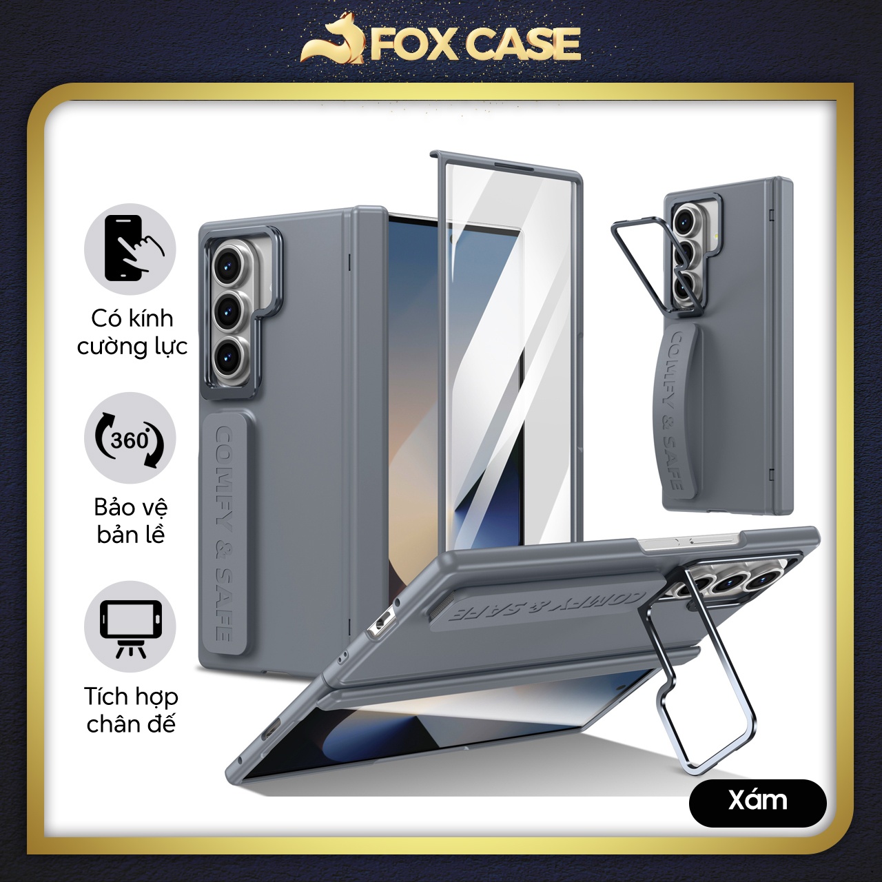 Ốp bảo vệ bản lề, tích hợp chân đế, dây đeo và kính cường lực cho Samsung Galaxy Z Fold7