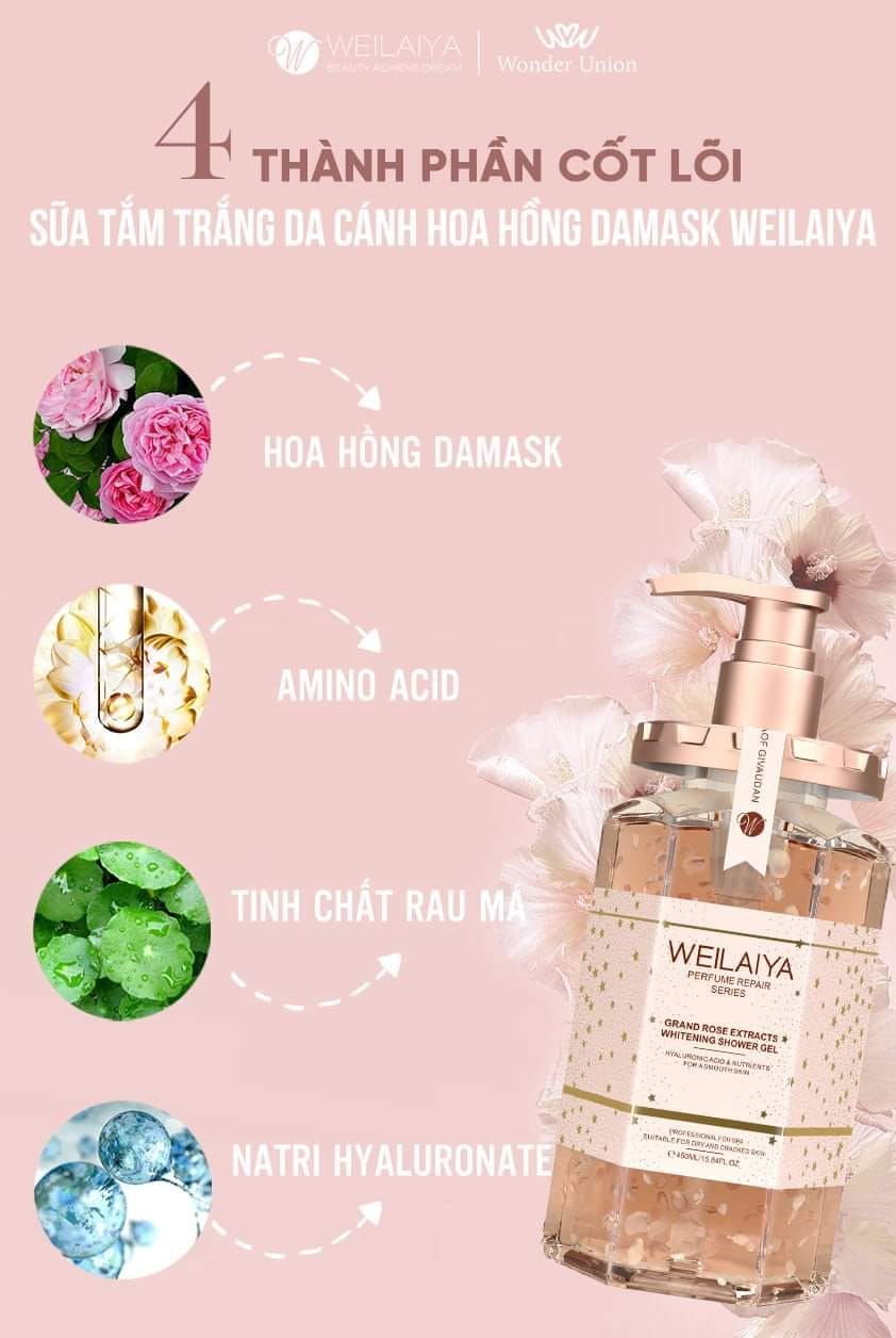 Combo 2 chai Sữa Tắm Tủy Mật Cánh Hoa Hồng Trắng Da Weilaiya - Tặng bông tắm Weilaiya