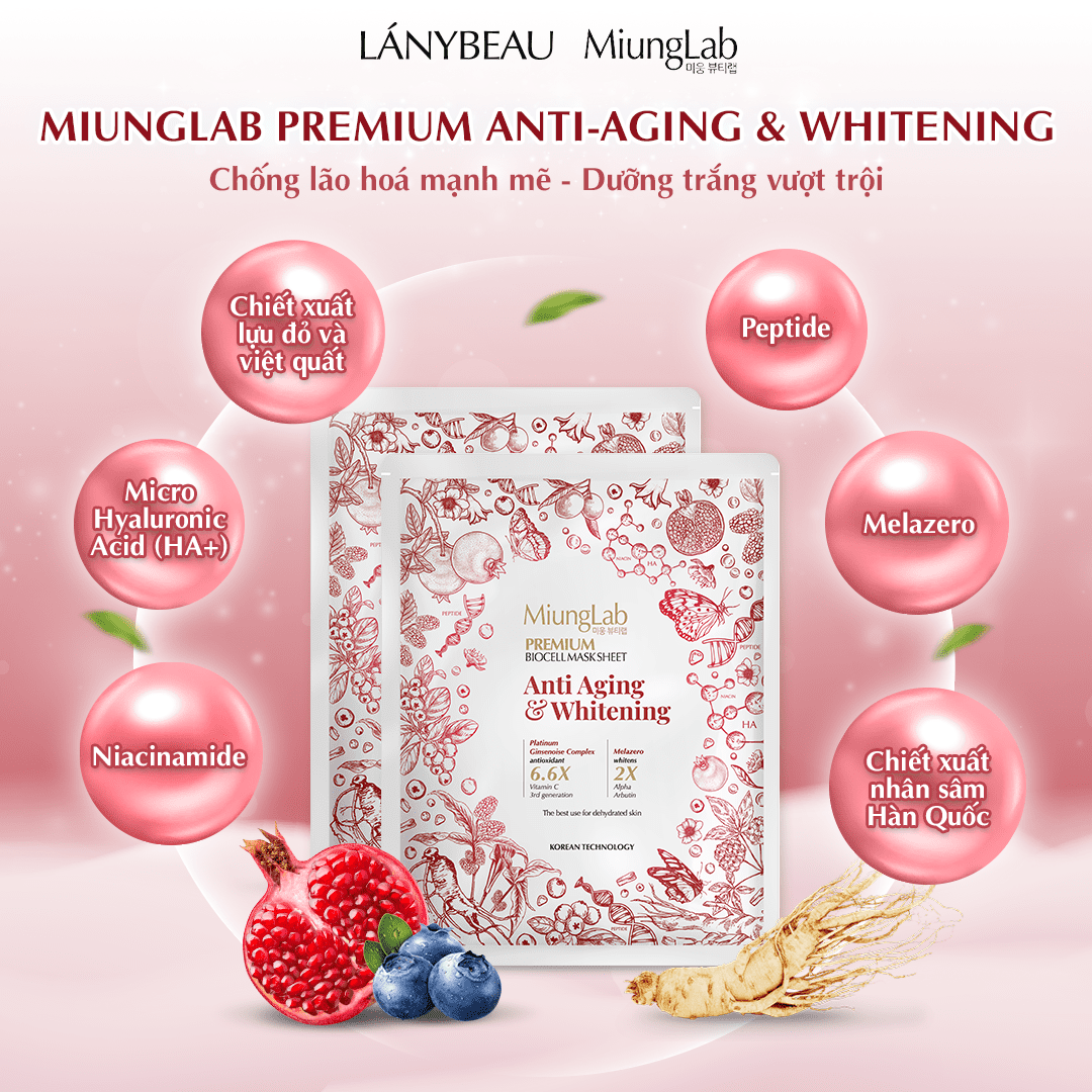 Mặt nạ sinh học chống lão hóa, làm trắng da LÁNYBEAU MiungLab Premium Biocell Anti Aging & Whitening - Tặng 2 miếng lẻ