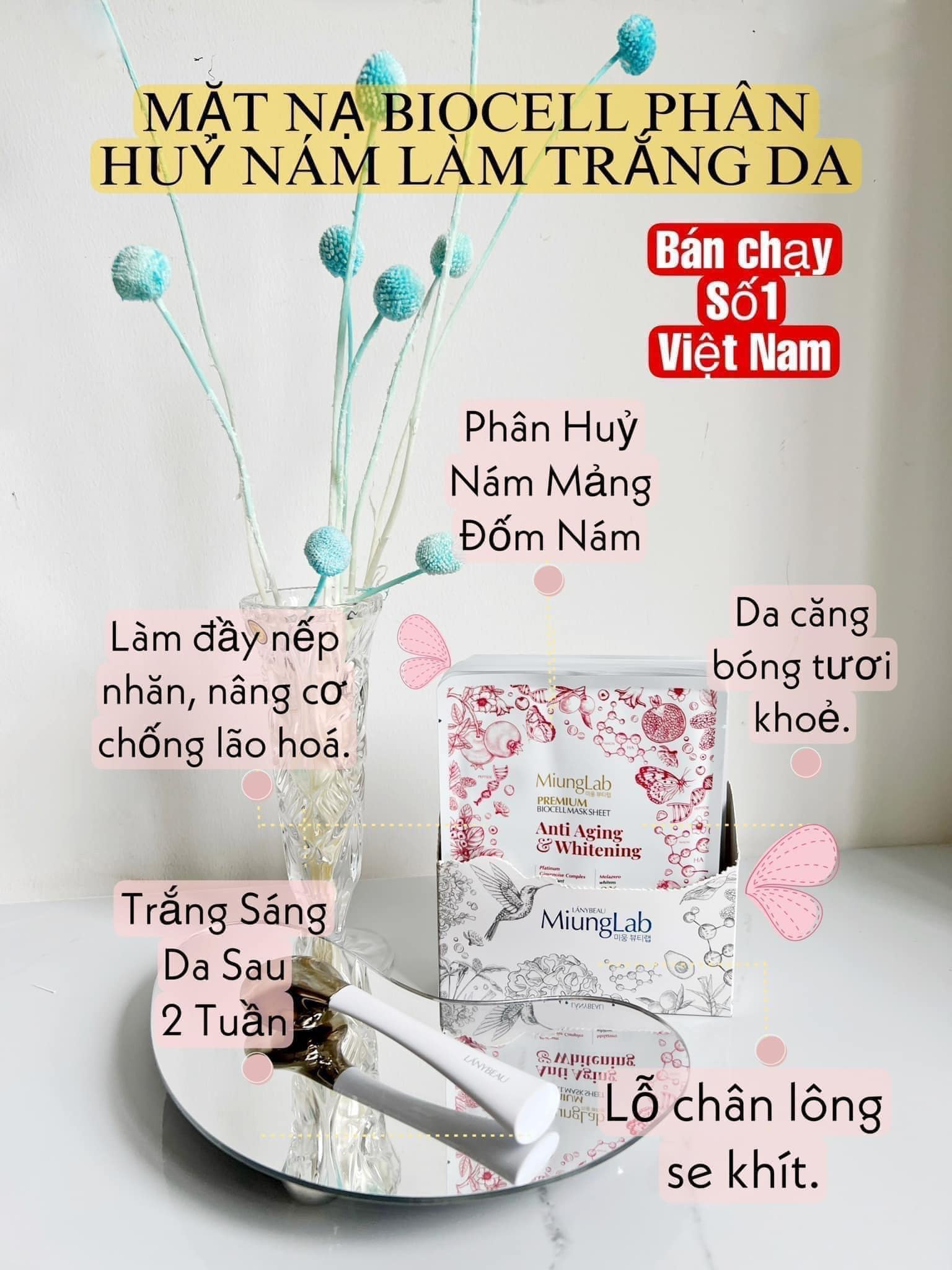 Mặt nạ sinh học chống lão hóa, làm trắng da LÁNYBEAU MiungLab Premium Biocell Anti Aging & Whitening - Tặng 2 miếng lẻ