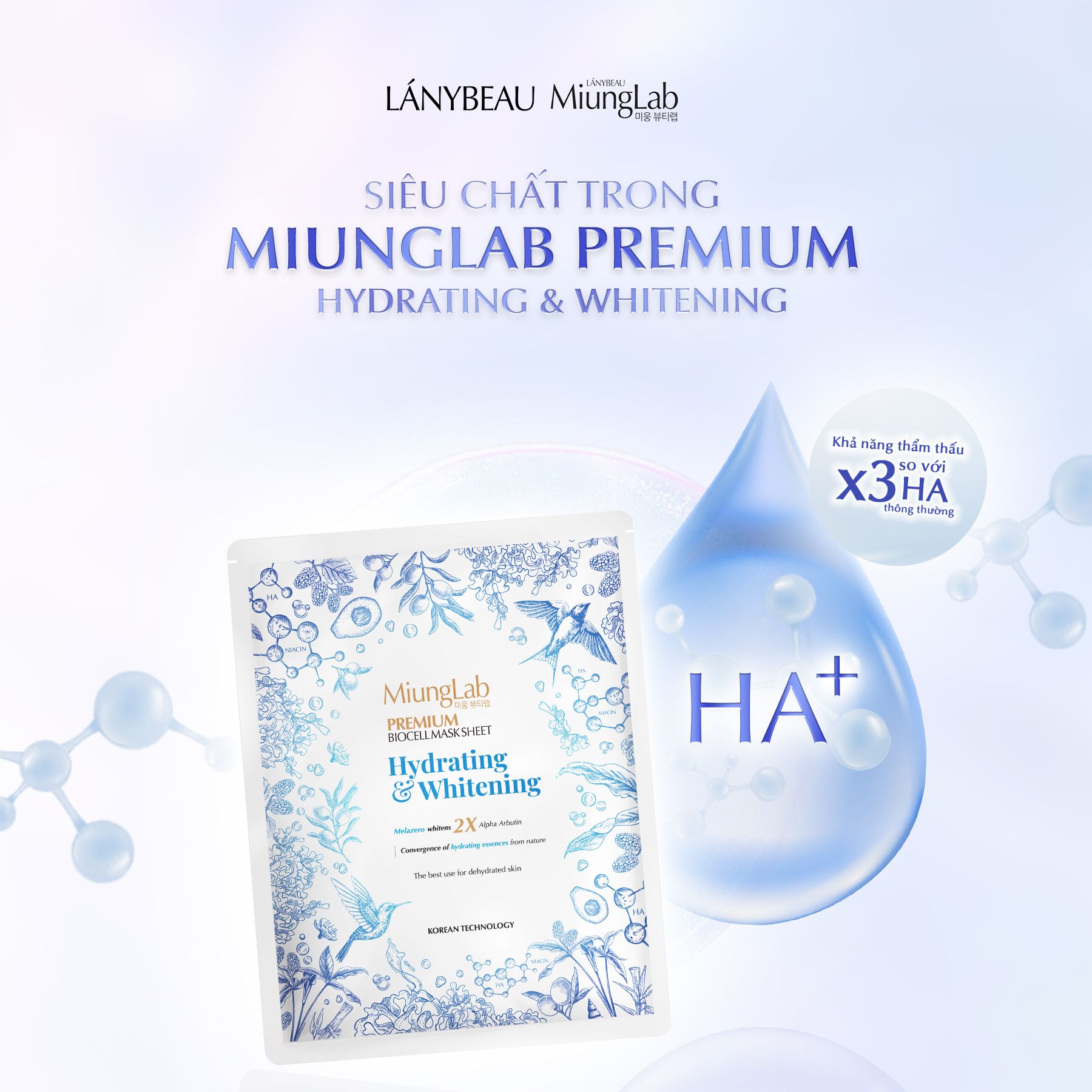 Mặt nạ cấp ẩm chuyên sâu và dưỡng trắng da MiungLab Premium Biocell Mask Sheet Hydrating & Whitening -  - Tặng 2 miếng lẻ