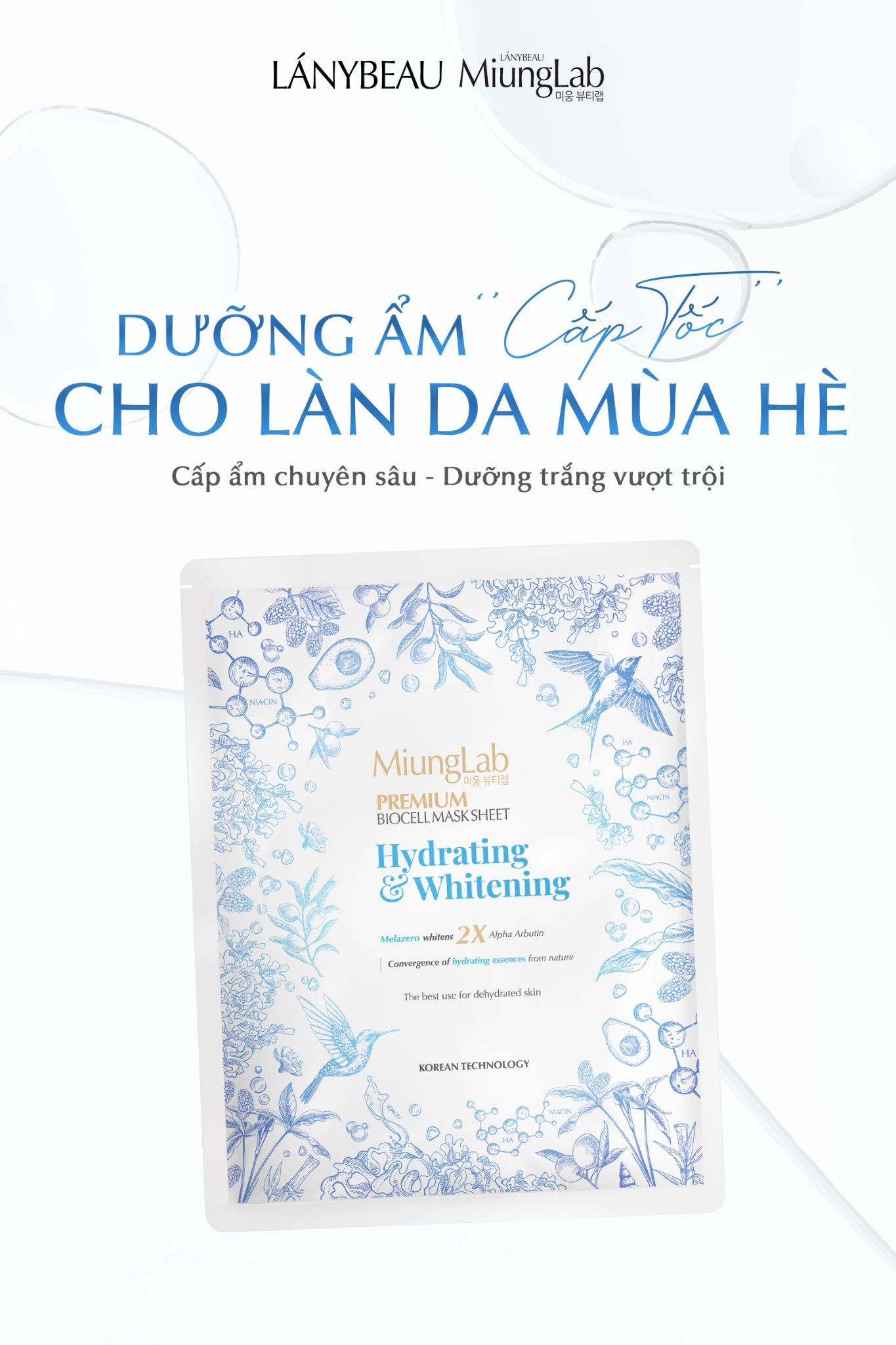 Mặt nạ cấp ẩm chuyên sâu và dưỡng trắng da MiungLab Premium Biocell Mask Sheet Hydrating & Whitening -  - Tặng 2 miếng lẻ