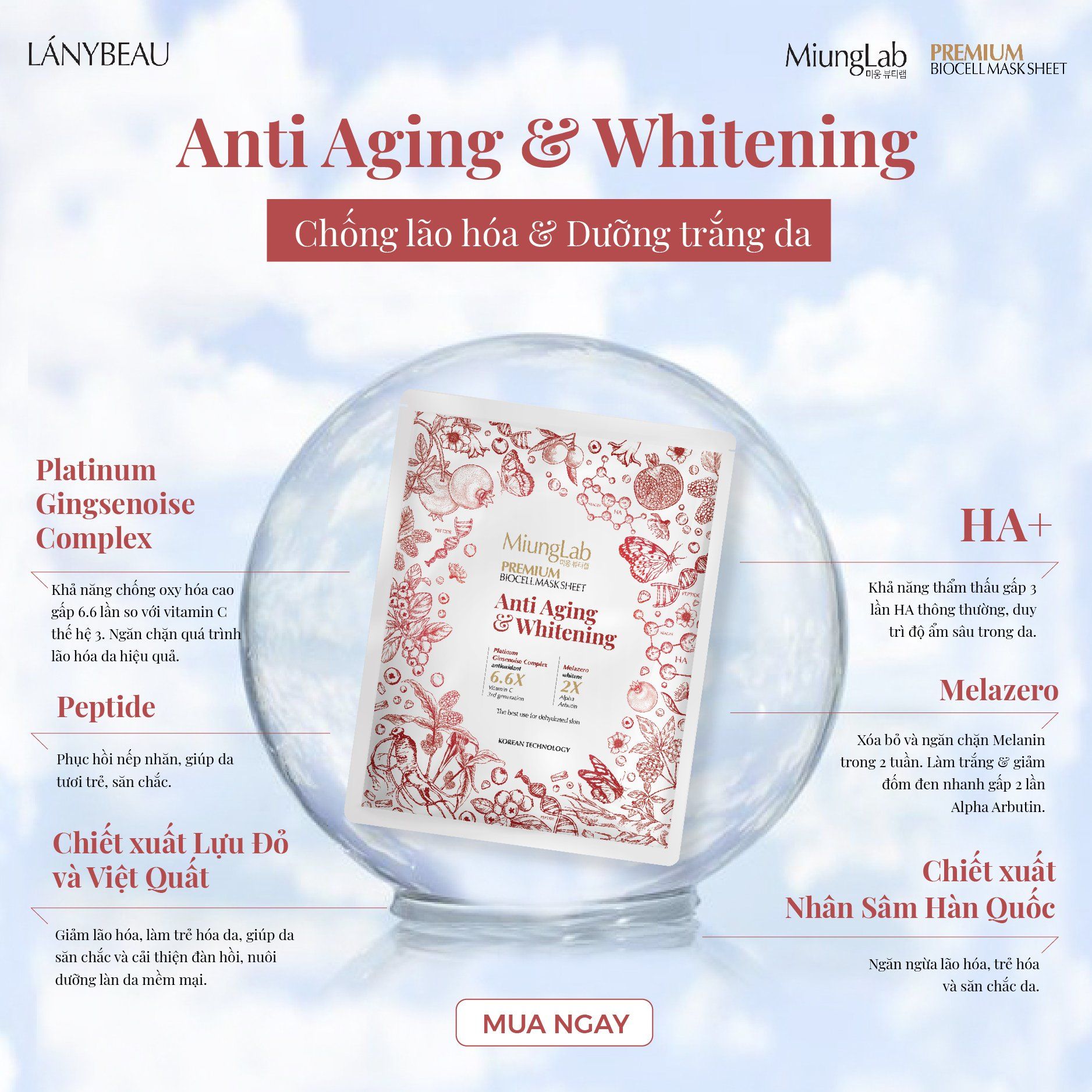 Mặt nạ sinh học chống lão hóa, làm trắng da LÁNYBEAU MiungLab Premium Biocell Anti Aging & Whitening - Tặng 2 miếng lẻ