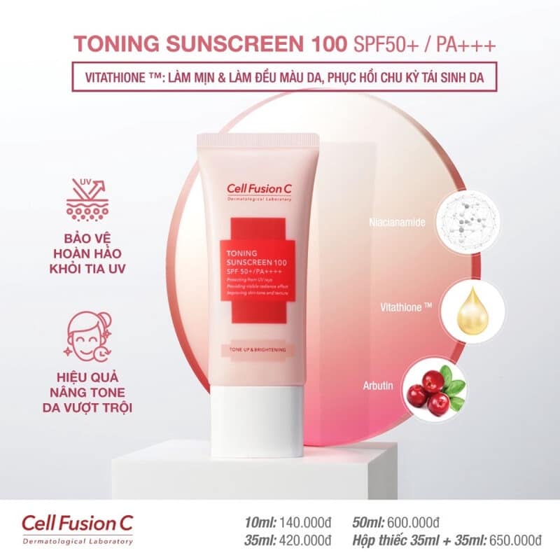 Kem chống nắng Cell Fusion C Toning Sunscreen 100 SPF50+/PA+++ 50ml ( màu hồng - nâng tông da trắng hồng )