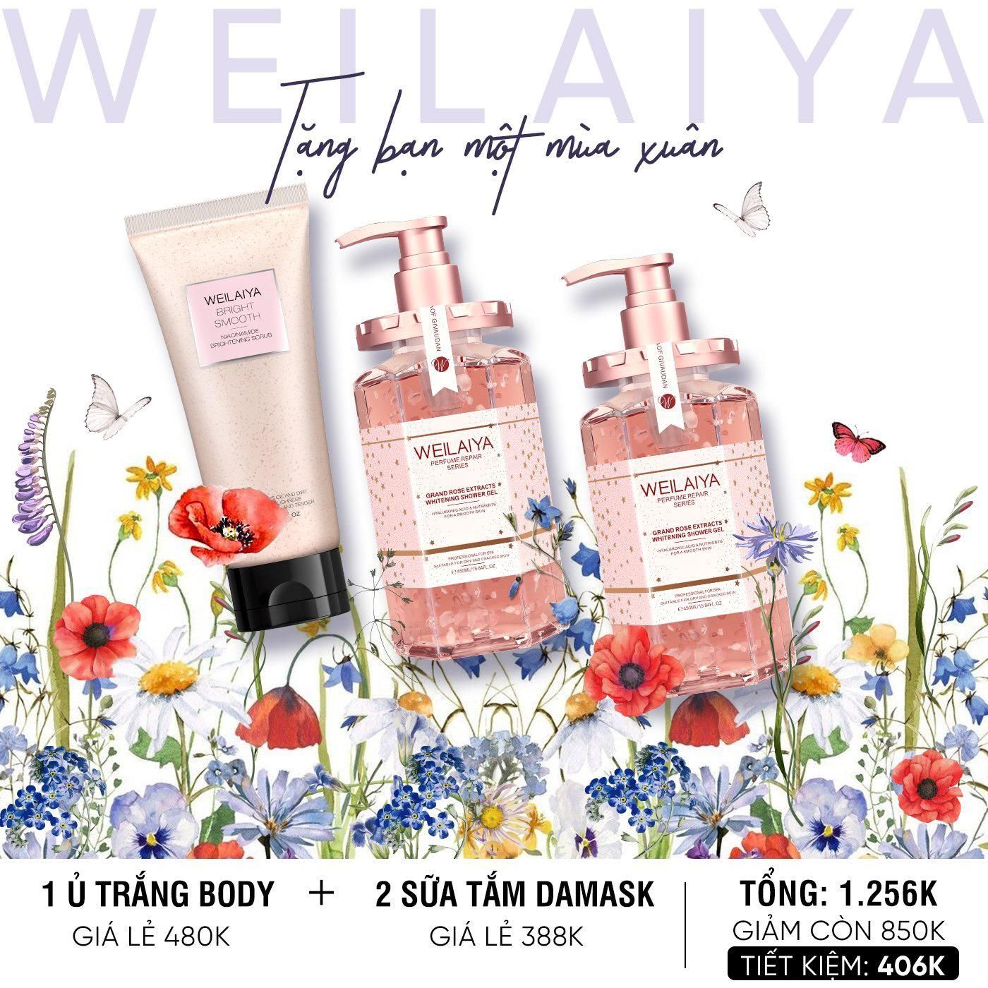 Combo 2 chai sữa tắm trắng da Weilaiya và Ủ trắng da body vỏ hồ đào Weilaiya