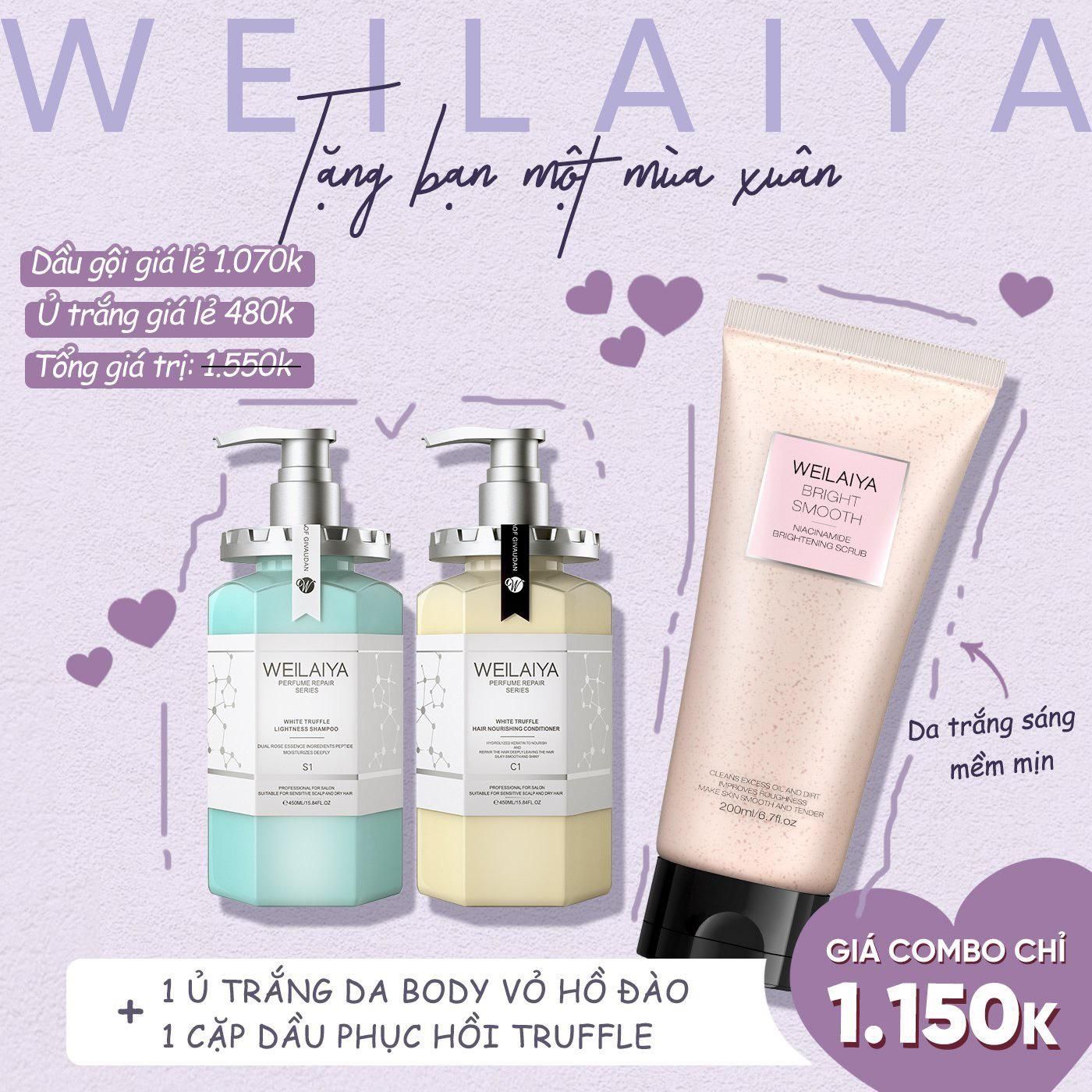 Combo Cặp dầu gội xả phục hồi Nấm Truffle Weilaiya và Ủ trắng da body vỏ hồ đào Weilaiya