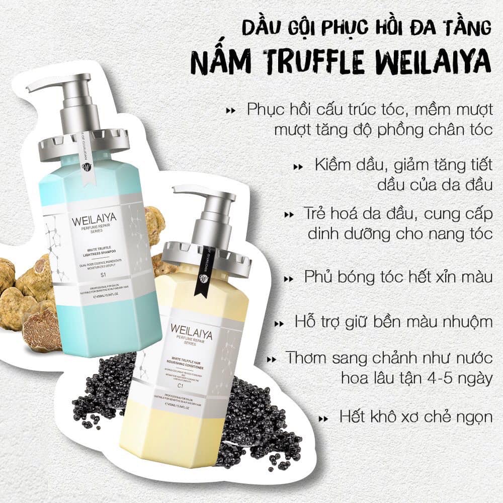 Combo Cặp dầu gội xả phục hồi Nấm Truffle Weilaiya và Ủ trắng da body vỏ hồ đào Weilaiya