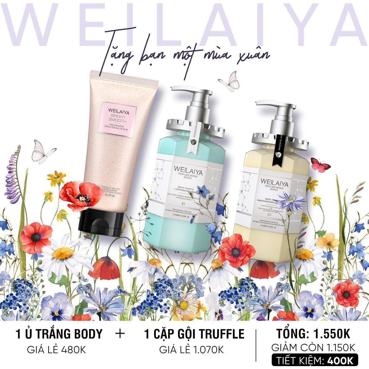 Combo Cặp dầu gội xả phục hồi Nấm Truffle Weilaiya và Ủ trắng da body vỏ hồ đào Weilaiya