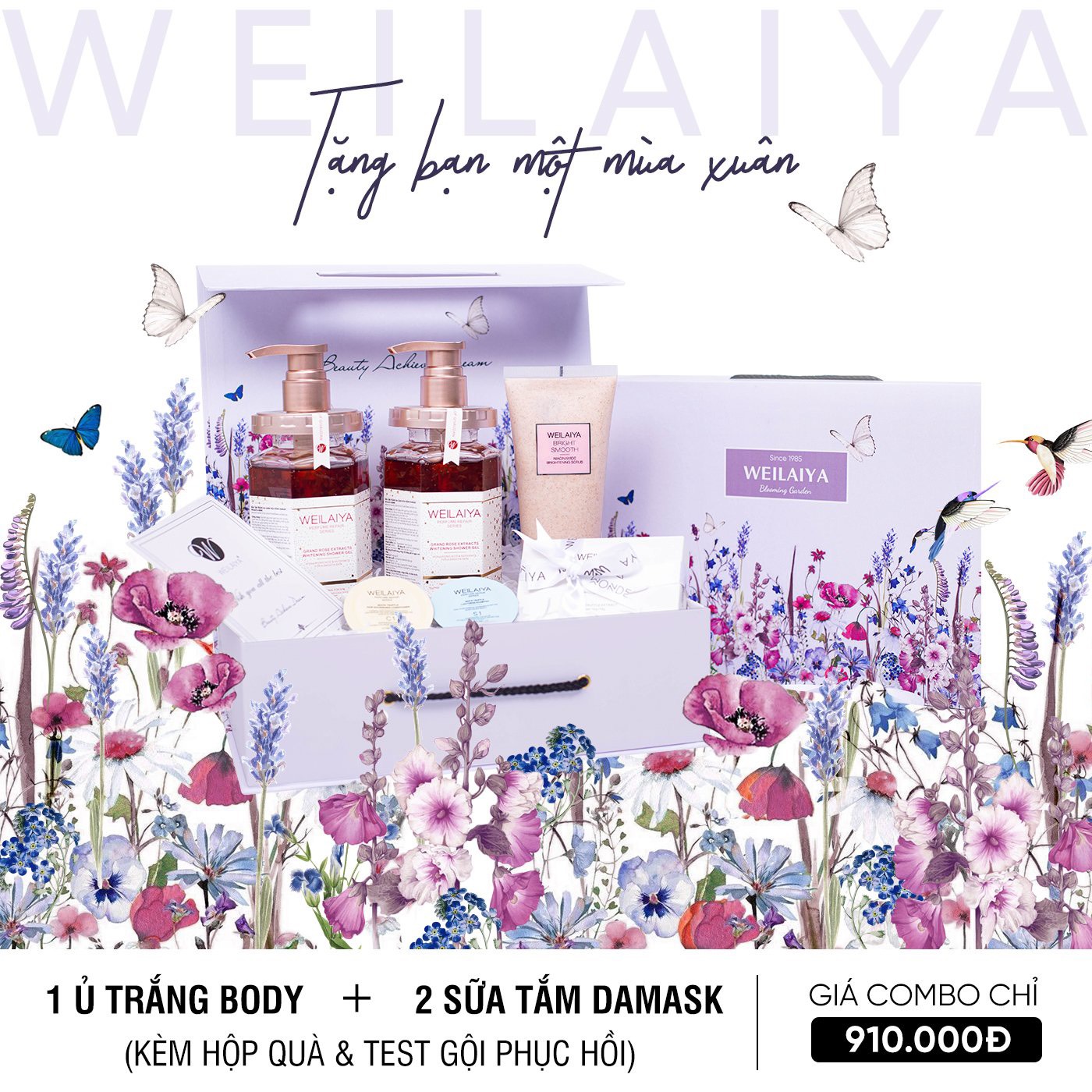 Sét quà tặng cao cấp  - Gồm 2 Sữa tắm cánh hoa hồng Damask và Kem ủ trắng da body Weilaiya