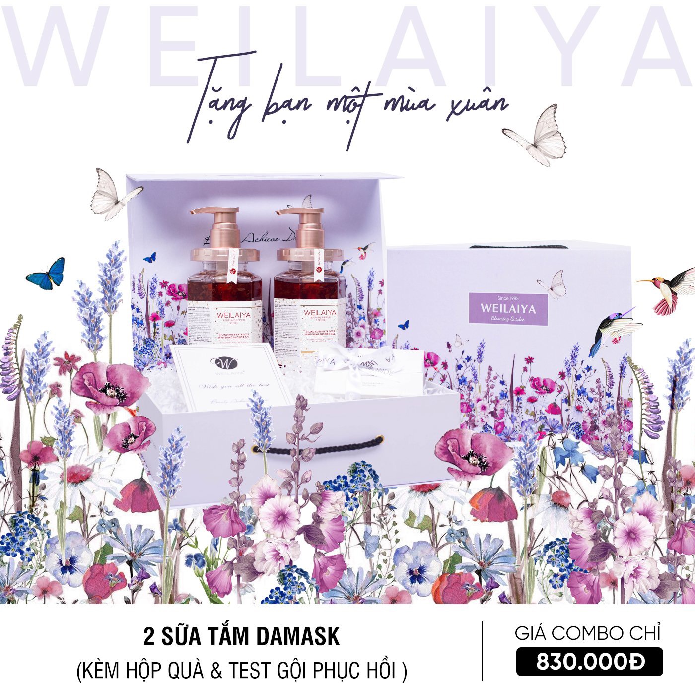 Sét quà tặng cao cấp gồm 2 Sữa tắm trắng cánh hoa hồng Damask và 1 Sét mini gội xả phục hồi Weilaiya