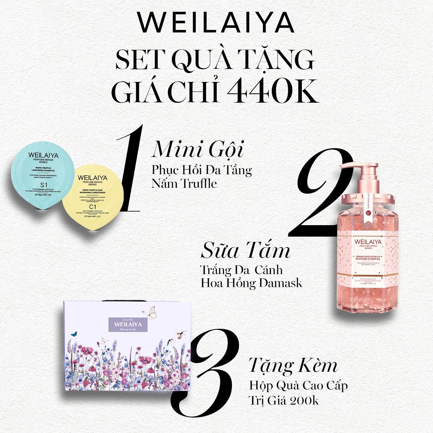 Sét quà tặng cao cấp - Sữa tắm trắng da cánh hoa hồng Damask và Sét mini gội xả phục hồi nấm Truffle Weilaiya