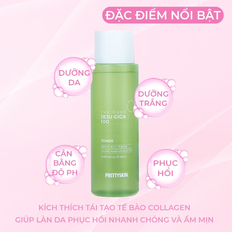 Nước hoa hồng chiết xuất rau má PrettySkin The Pure Jeju Cica 100 Toner 250ml - Cân bằng độ pH, cấp ẩm cho da và săn chắc da, se khít lỗ chân lông