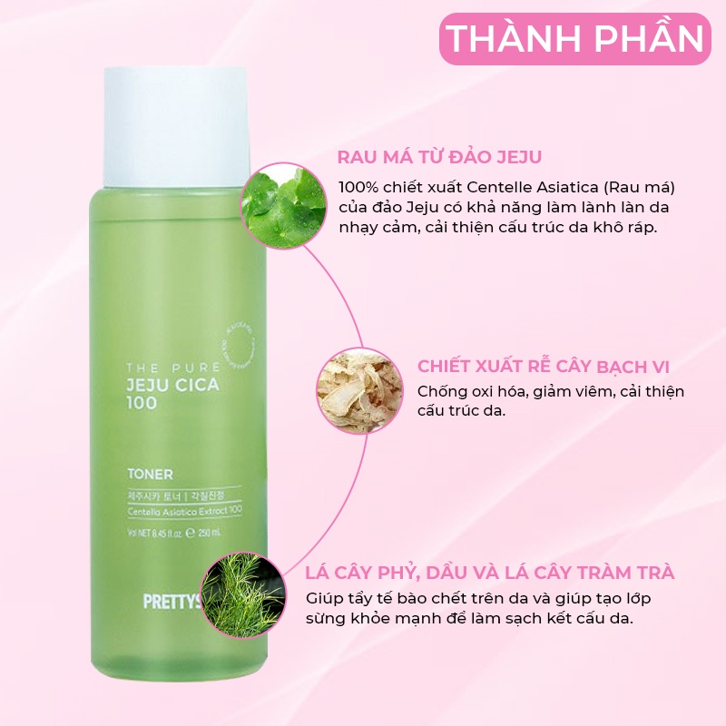 Nước hoa hồng chiết xuất rau má PrettySkin The Pure Jeju Cica 100 Toner 250ml - Cân bằng độ pH, cấp ẩm cho da và săn chắc da, se khít lỗ chân lông