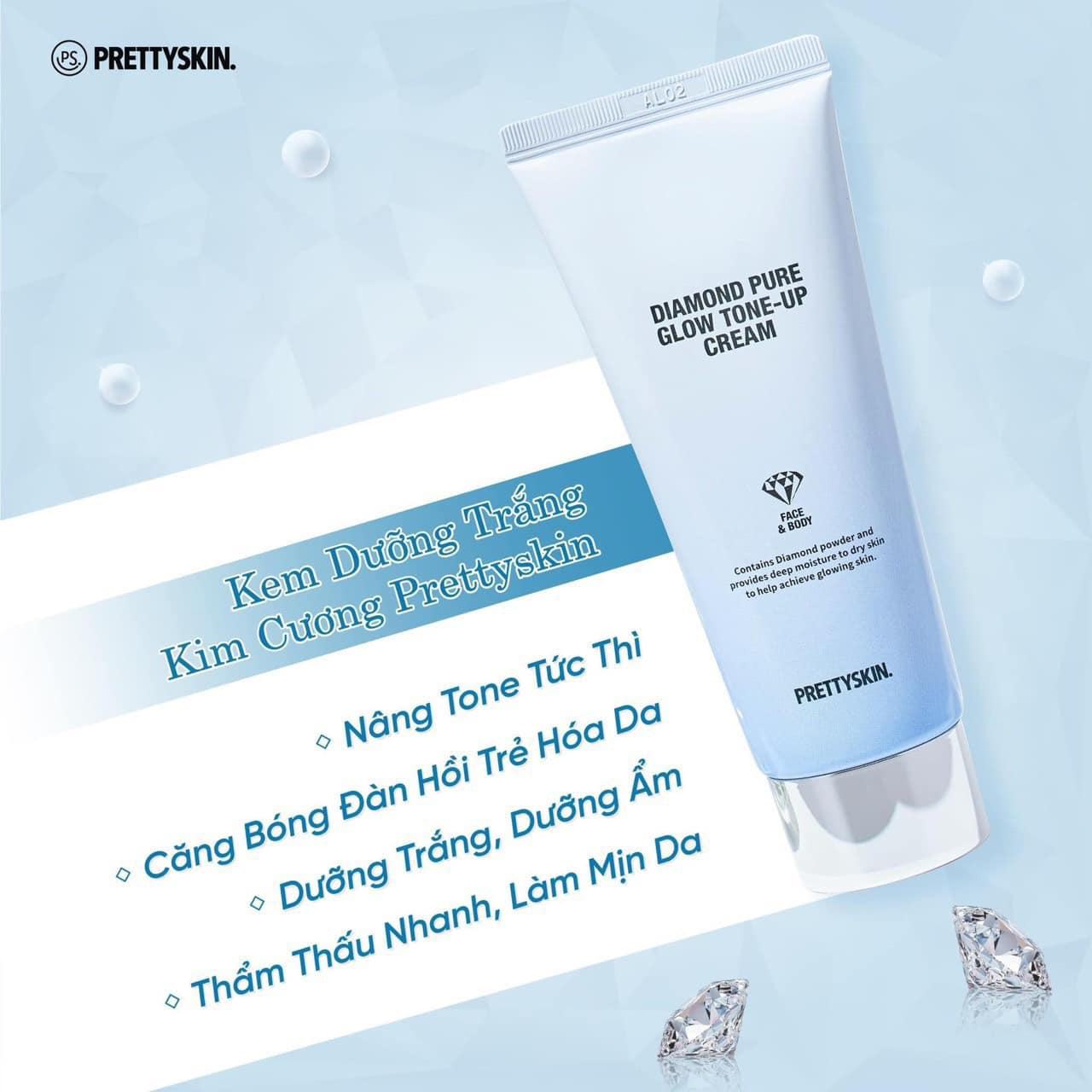 Kem dưỡng trắng da Kim Cương Diamond Pure Glow Tone-Up PrettySkin 100ml