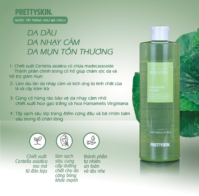 Nước Tẩy Trang Trị Mụn Rau Má Jeju Cica Prettyskin