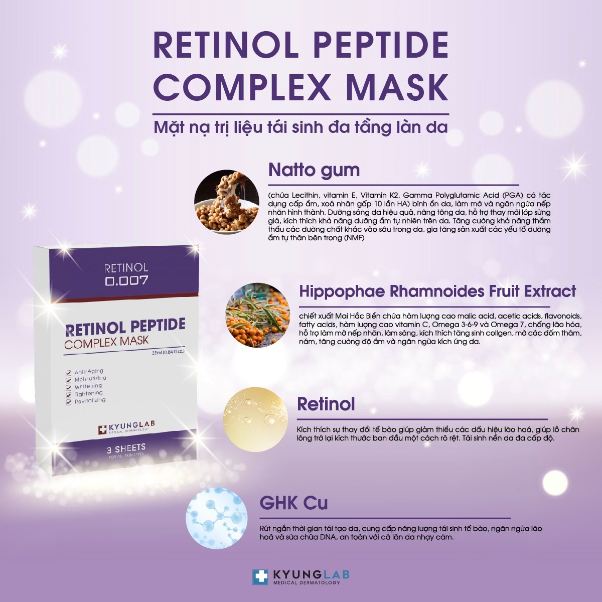 Mặt nạ trẻ hóa da Retinol Peptide Complex Kyung Lab Hộp 3 miếng