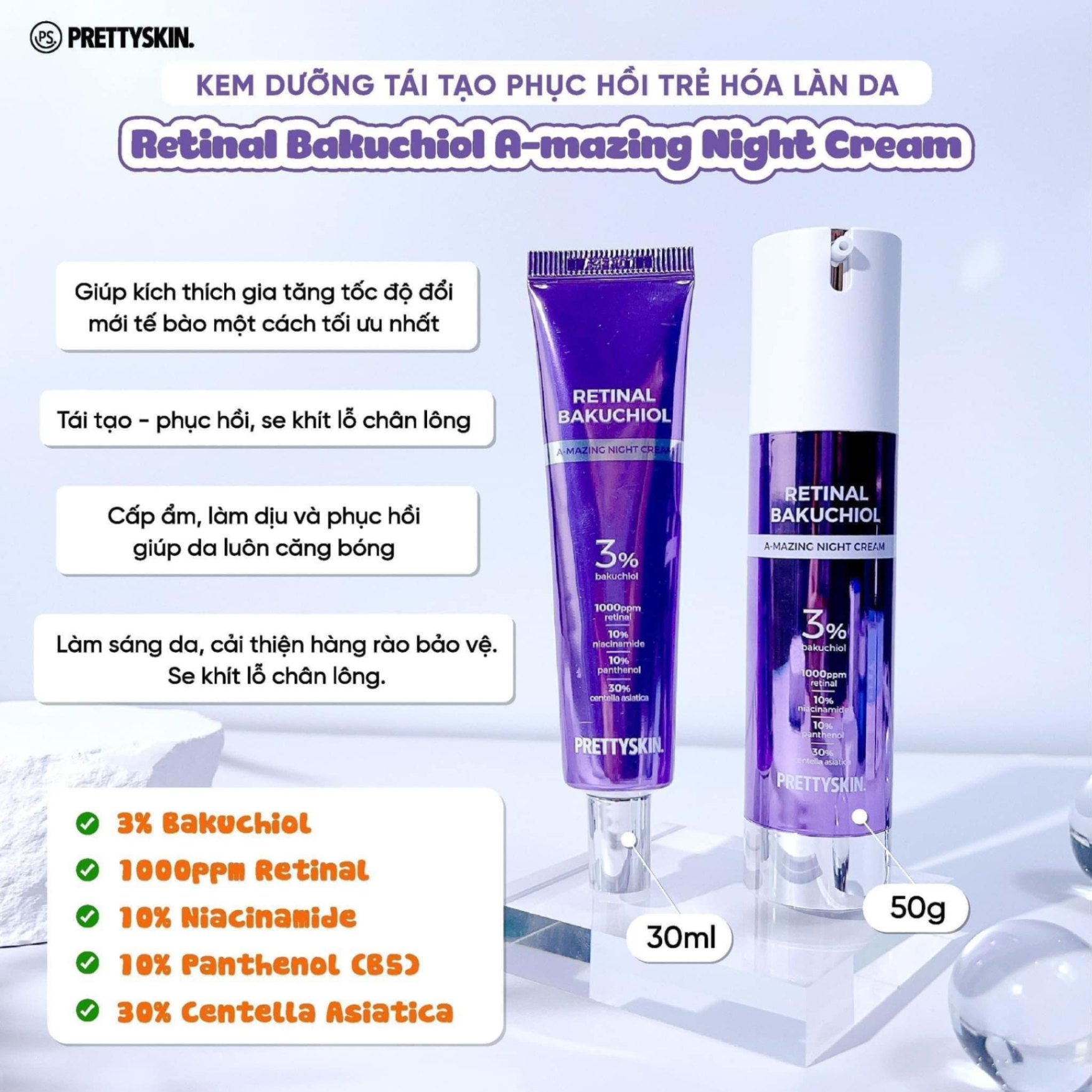 Kem Dưỡng Tái Tạo, Phục Hồi Da Prettyskin Retinal Bakuchiol A-Mazing Night Cream - 50g