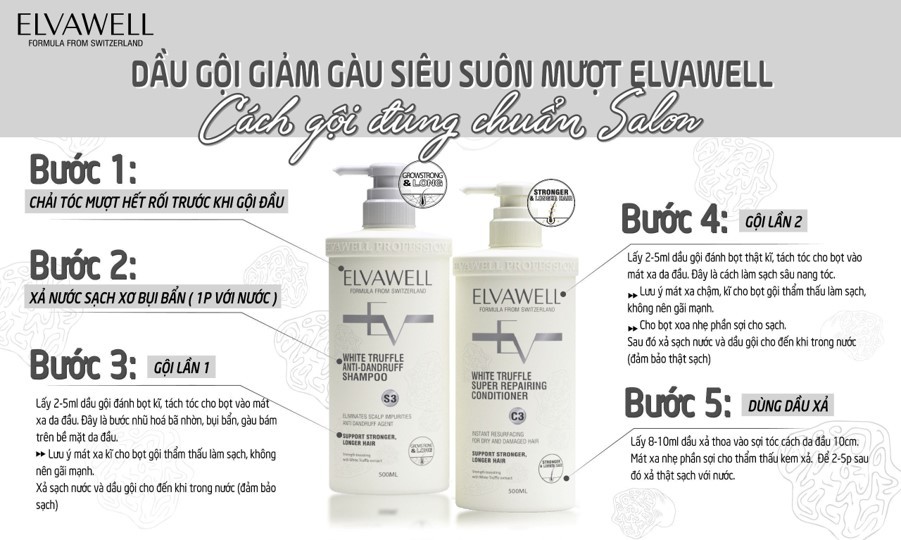 Dầu gội xả giảm gàu siêu suôn mượt Elvawell - 500ml (Màu trắng)