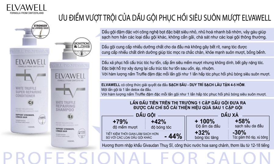 Dầu gội xả phục hồi hư tổn siêu suôn mượt Elvawell - 1000ml (Màu tím)