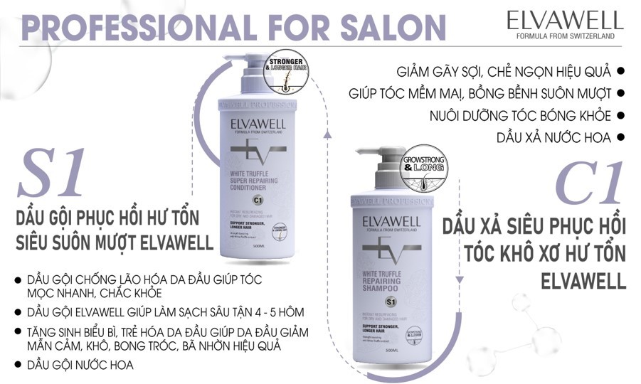 Dầu gội xả phục hồi hư tổn siêu suôn mượt Elvawell - 1000ml (Màu tím)