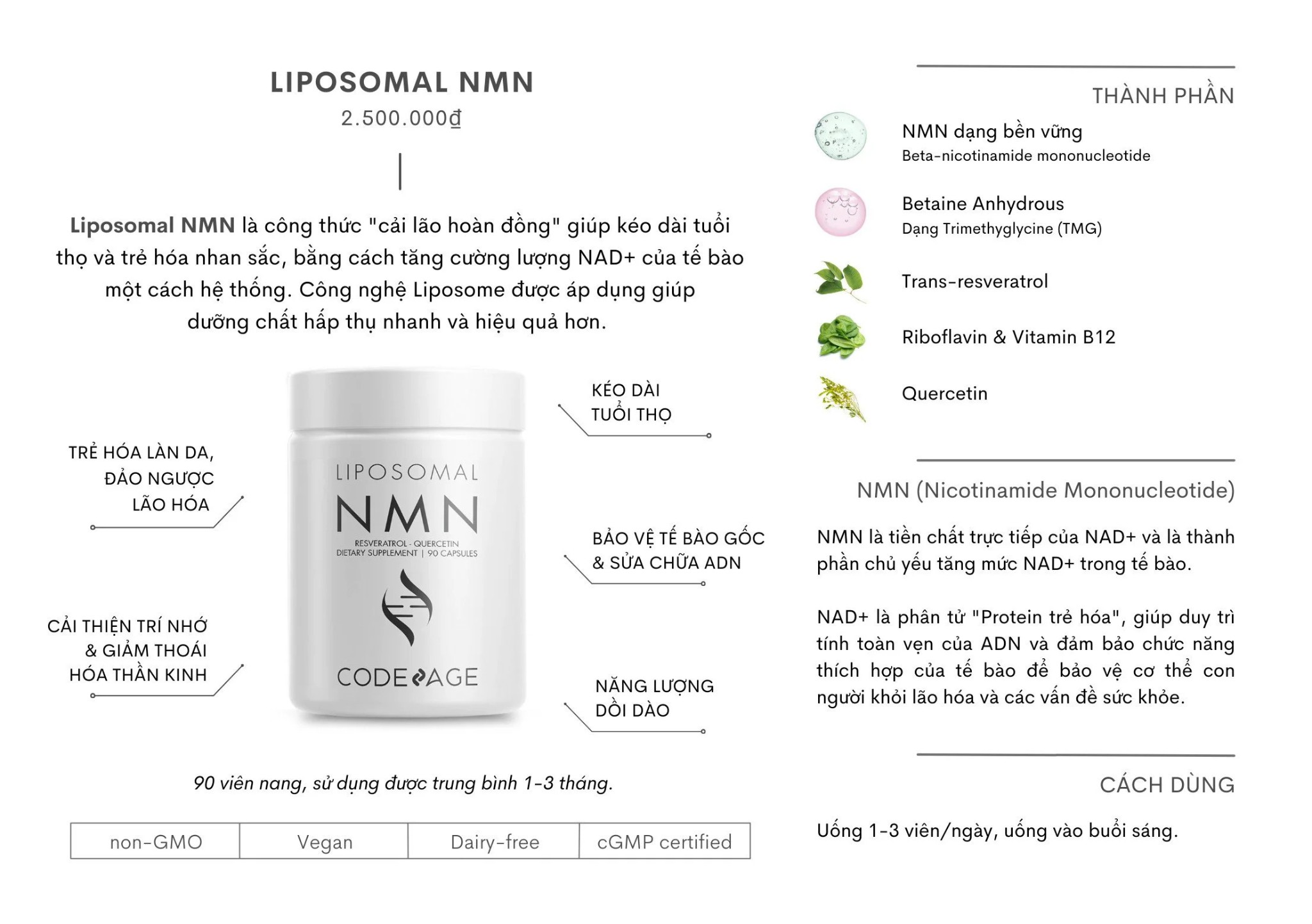 Viên chống lão hóa trẻ hóa da Codeage Liposomal NMN 90 viên