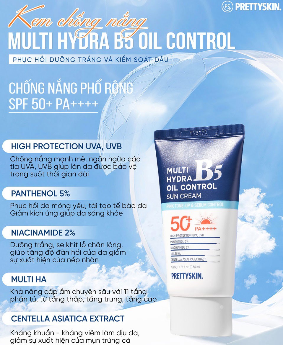 Kem chống nắng cho da dầu mụn PrettySkin Multi Hydra B5 Oil Control Sun Cream