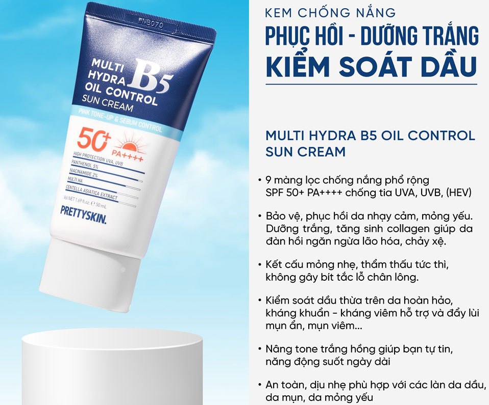 Kem chống nắng cho da dầu mụn PrettySkin Multi Hydra B5 Oil Control Sun Cream