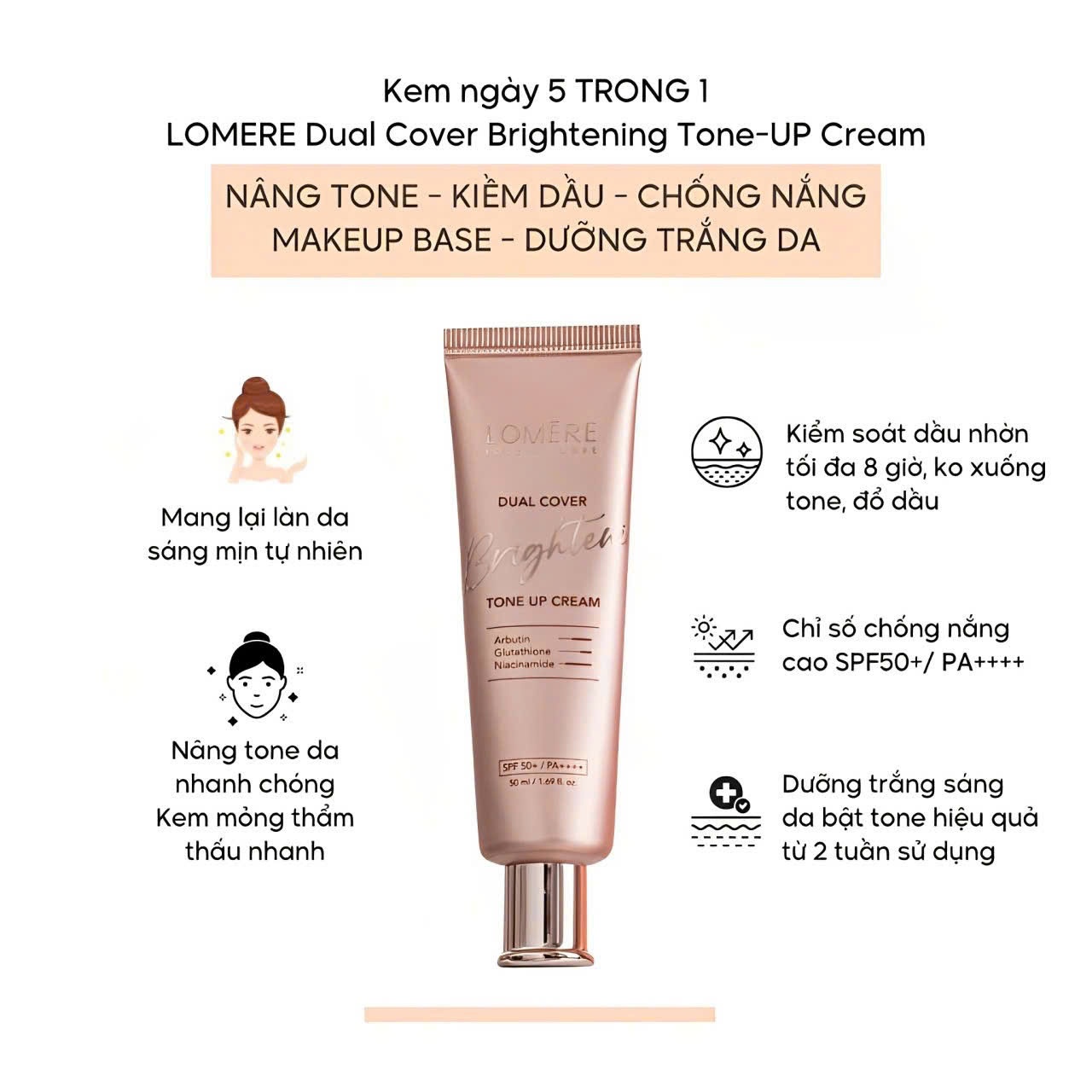 Kem ngày nâng tone LOMERE Duel Cover Brightening Tone-UP Cream SPF50+/ PA+++ 50ml