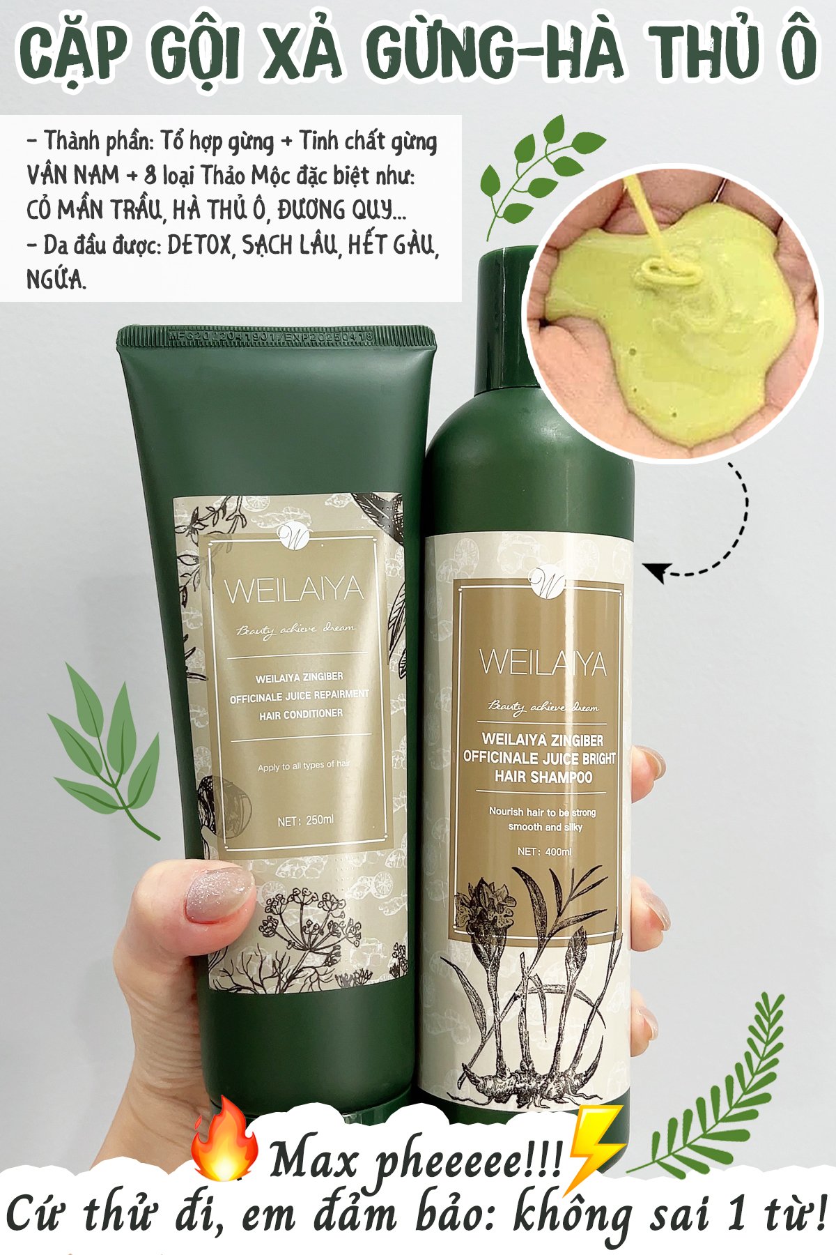 Bộ Dầu gội xả gừng Hà Thủ Ô Weilaiya - Kích thích mọc tóc, phục hồi tóc hư tổn