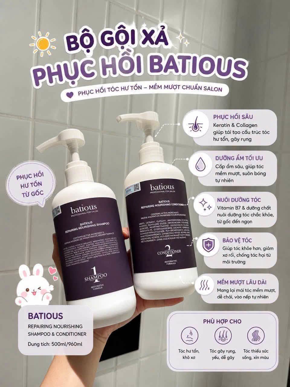 Bộ Gội Xả BatiouS Salon – Dưỡng Ẩm, Phục Hồi Tóc Hư Tổn màu tím 960ml *2