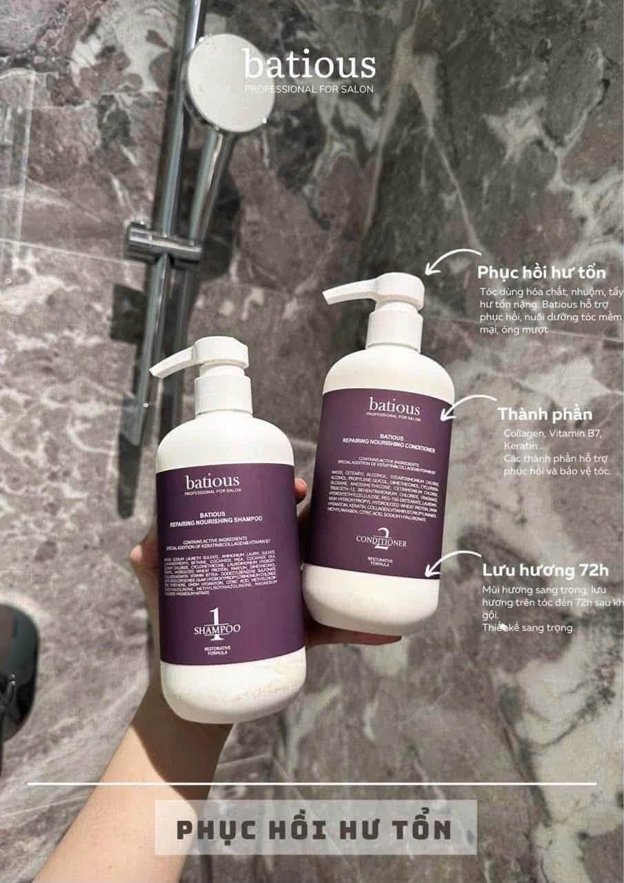 Bộ Gội Xả BatiouS Salon – Dưỡng Ẩm, Phục Hồi Tóc Hư Tổn màu tím 960ml *2