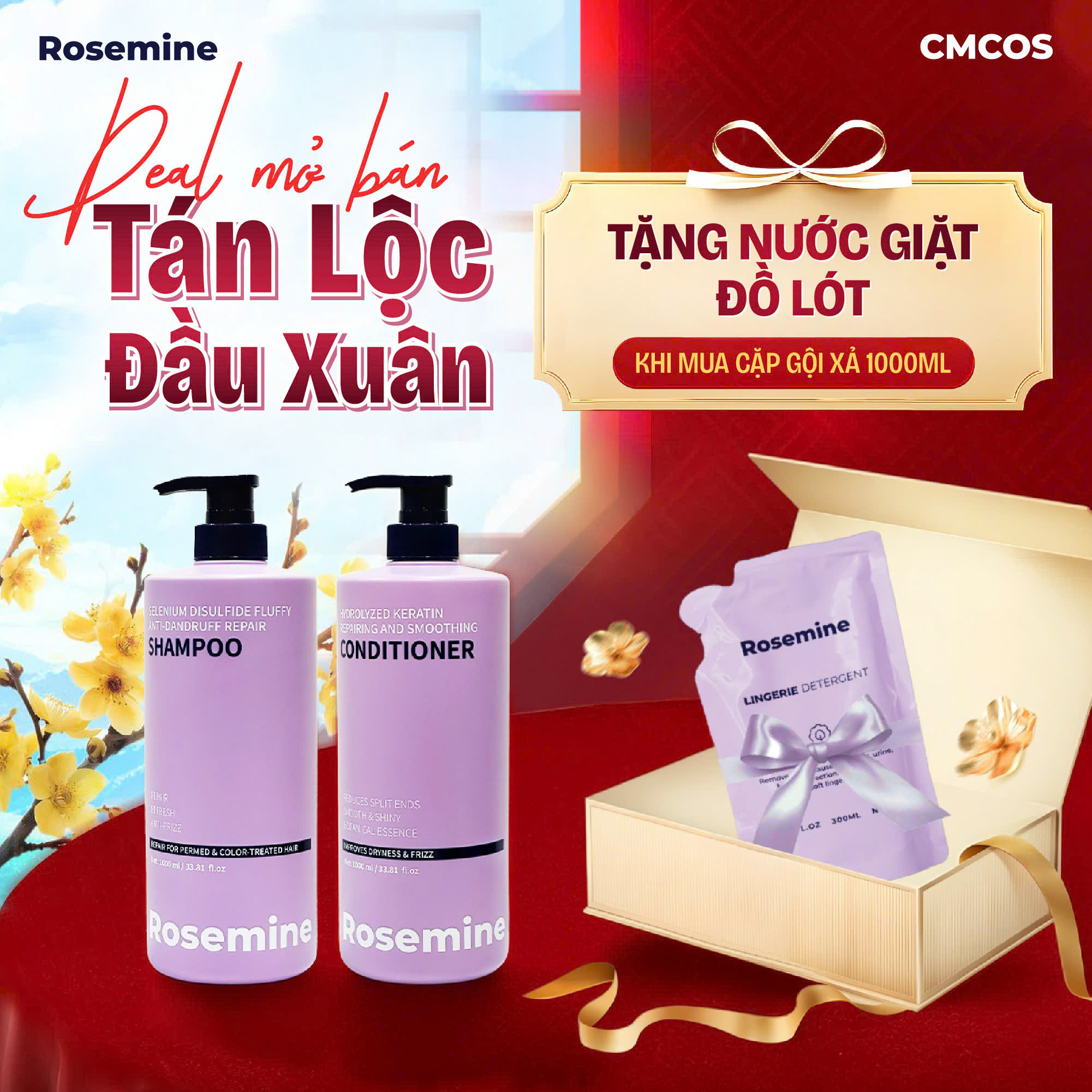 Cặp Dầu Gội Xả ROSEMINE 1000ml phục hồi (Màu Tím)