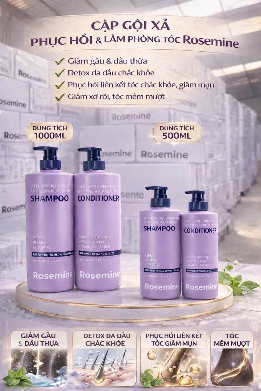 Cặp Dầu Gội Xả ROSEMINE 1000ml phục hồi (Màu Tím)