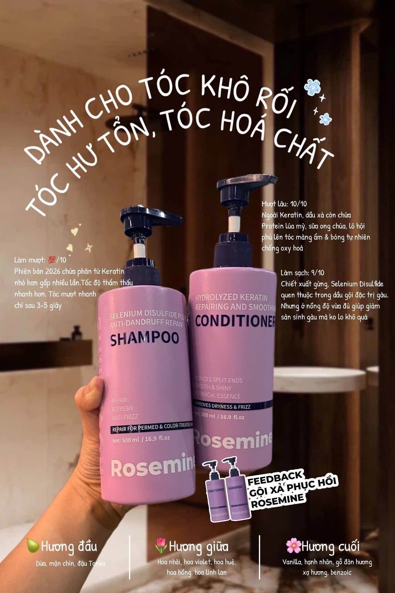 Cặp Dầu Gội Xả ROSEMINE 1000ml phục hồi (Màu Tím)