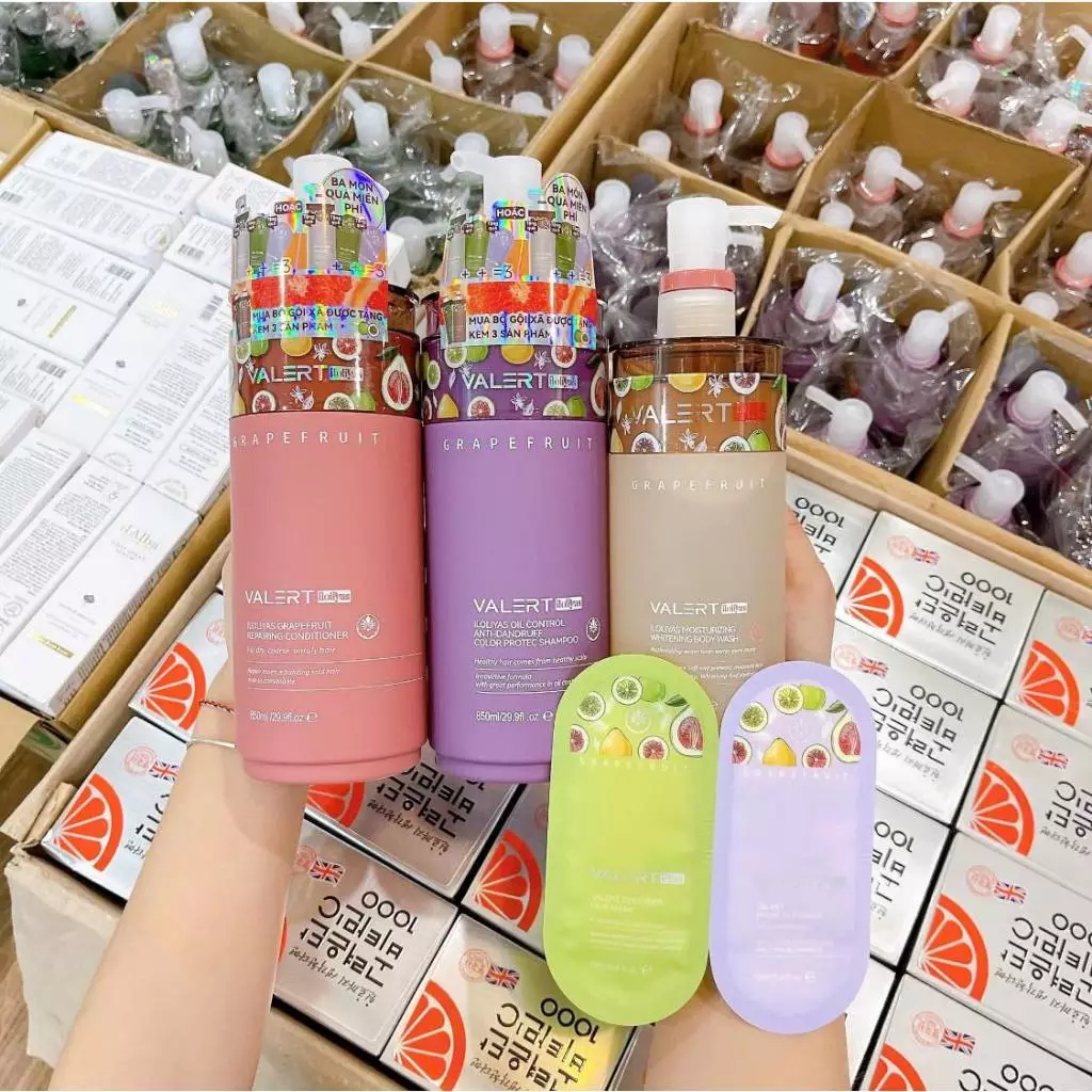 Cặp dầu gội xả bưởi VALERT GRAPEFRUIT 850ml hỗ trợ giúp giảm rụng tóc, giảm gàu