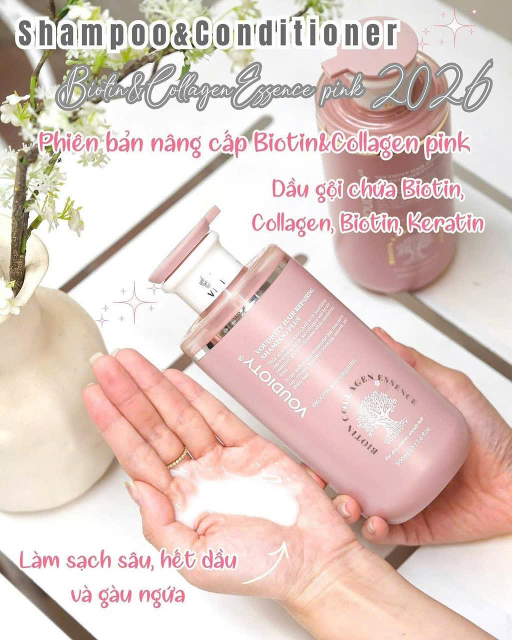 Dầu Gội Xả Dưỡng Tóc Biotin Collagen hồng Essence Pink 500ml 2026 MỚI