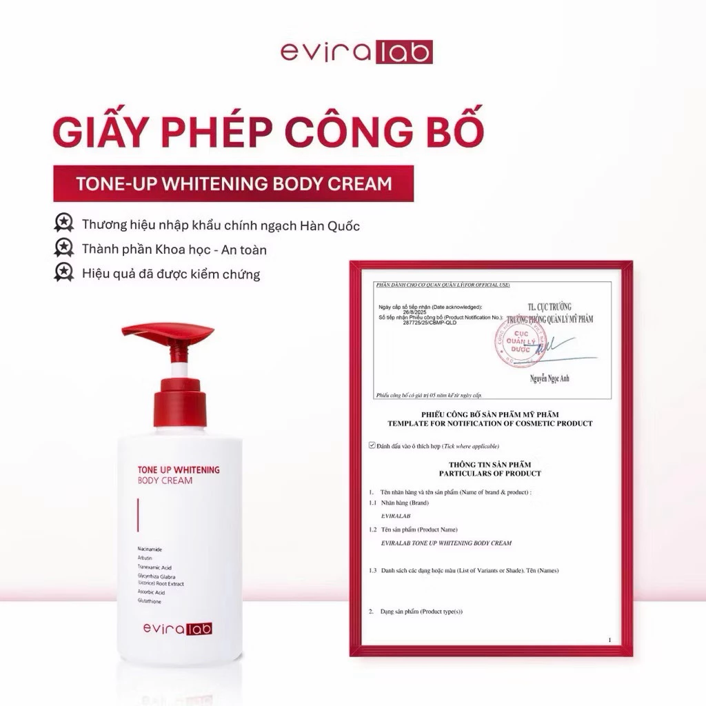 Kem Dưỡng Trắng Toàn Thân EVIRALAB TONE UP WHITENING BODY CREAM Nâng Tone Mờ Thâm Sinh Học 300ml