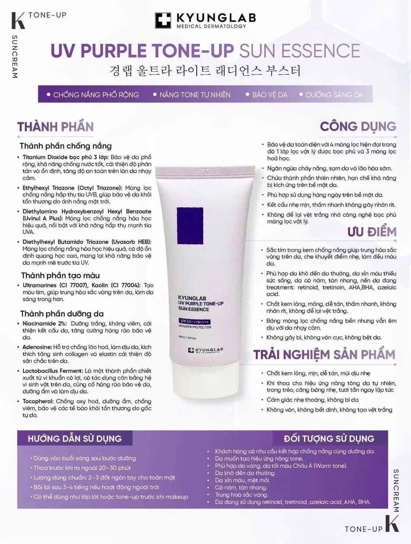 Kem Chống Nắng Hiệu Chỉnh Tông Da KyungLab UV Purple Tone-Up Sun Essence SPF 50+ PA++++ (50ml)