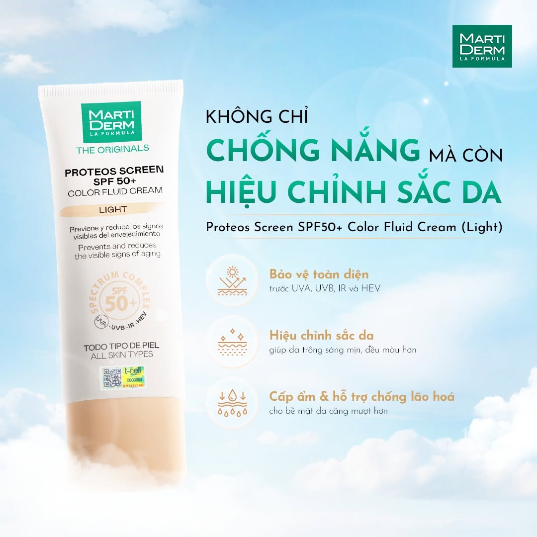 Kem chống nắng phổ rộng, làm đều màu da, ngừa lão hoá, phòng chống nám quay lại - MartiDerm The Originals Proteos Screen SPF50+ Color Fluid Cream (Light) (40ml)