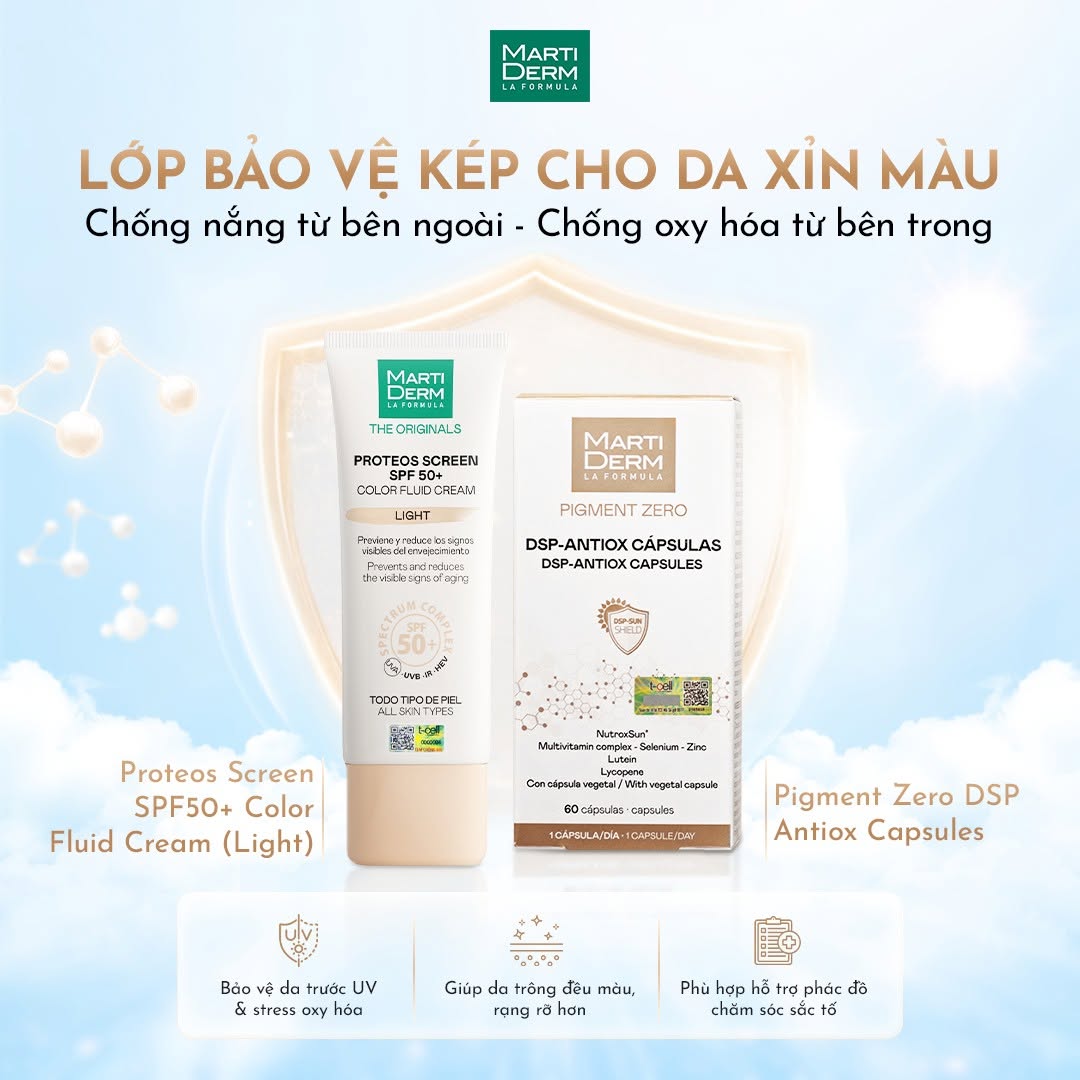Kem chống nắng phổ rộng, làm đều màu da, ngừa lão hoá, phòng chống nám quay lại - MartiDerm The Originals Proteos Screen SPF50+ Color Fluid Cream (Light) (40ml)