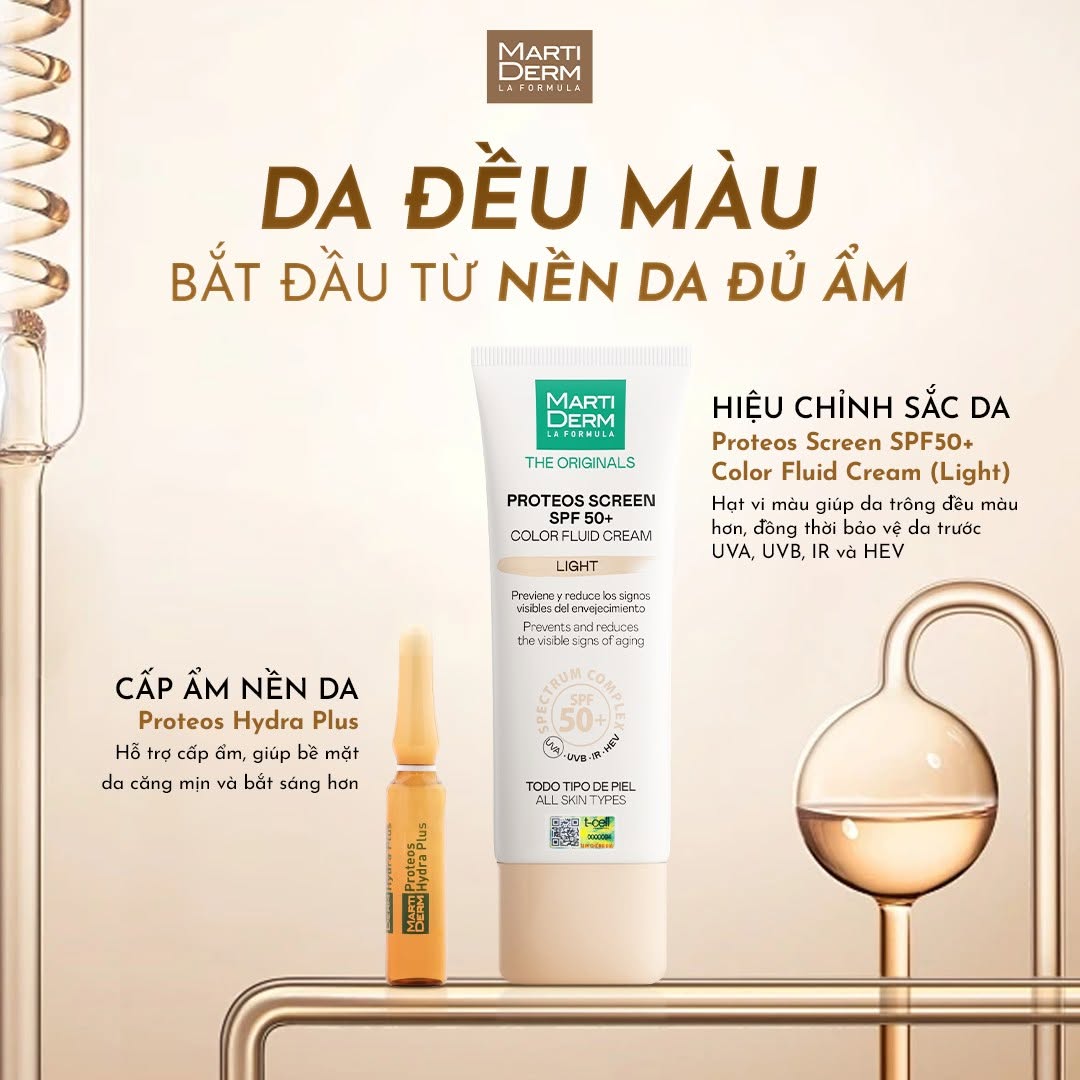 Kem chống nắng phổ rộng, làm đều màu da, ngừa lão hoá, phòng chống nám quay lại - MartiDerm The Originals Proteos Screen SPF50+ Color Fluid Cream (Light) (40ml)