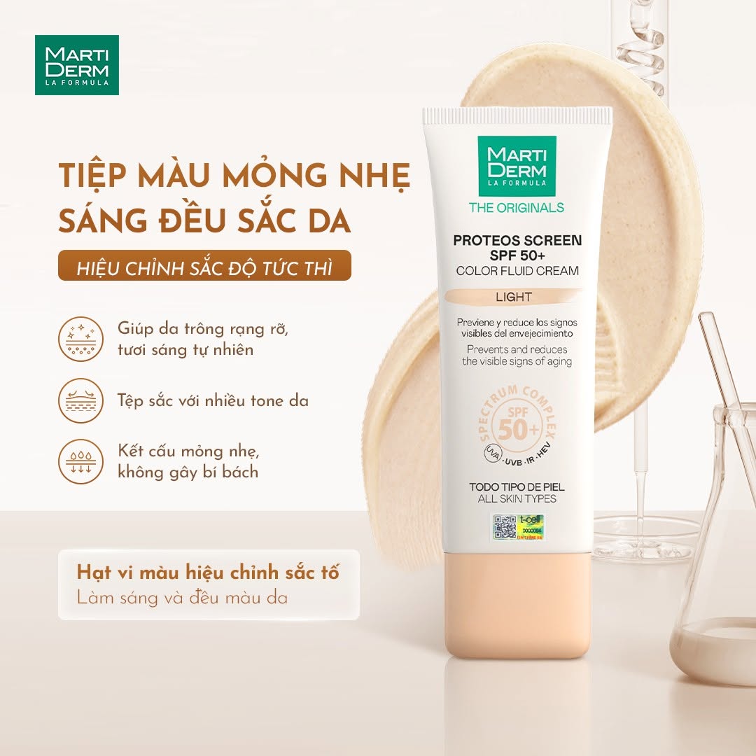 Kem chống nắng phổ rộng, làm đều màu da, ngừa lão hoá, phòng chống nám quay lại - MartiDerm The Originals Proteos Screen SPF50+ Color Fluid Cream (Light) (40ml)