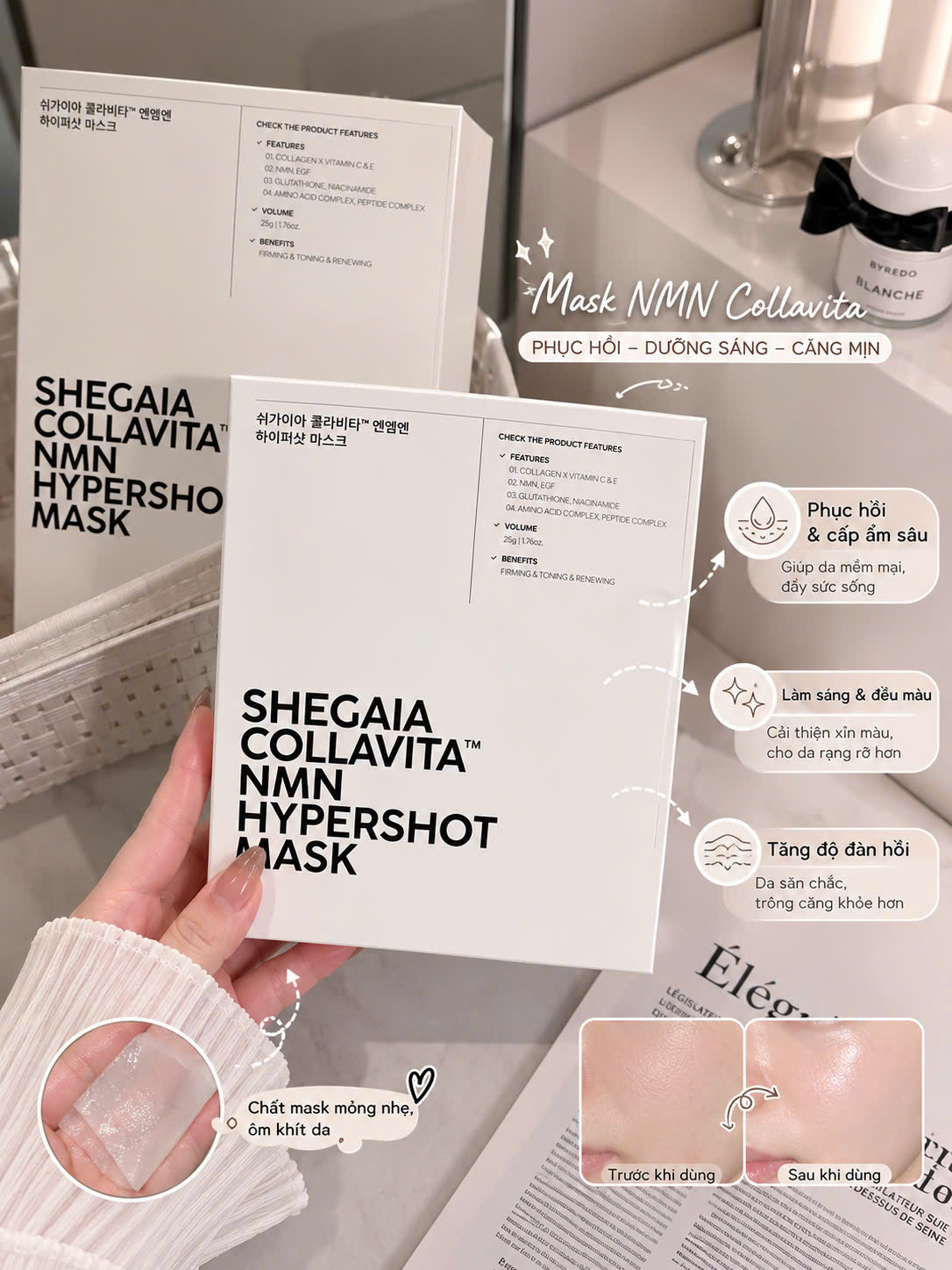 Mặt Nạ SHEGAIA Collavita NMN Hypershot Mask – Bí Quyết Tái Tạo, Phục Hồi & Trẻ Hóa Da Căng Bóng - Hộp 5 miếng