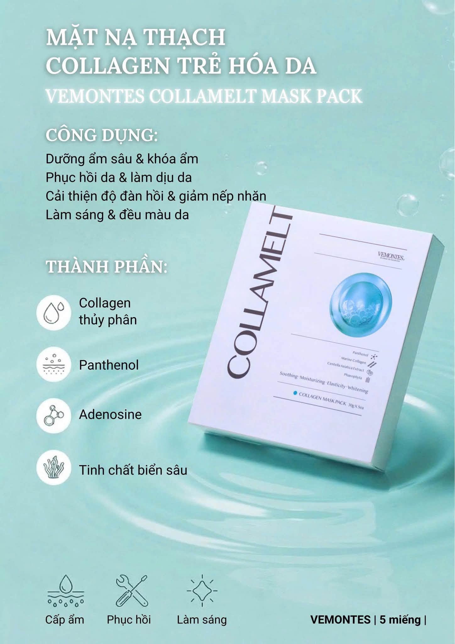 Mặt Nạ Vermontes Collamelt – Collagen Dưỡng Ẩm, Hỗ Trợ Da Đàn Hồi - hộp 5 miếng *30g