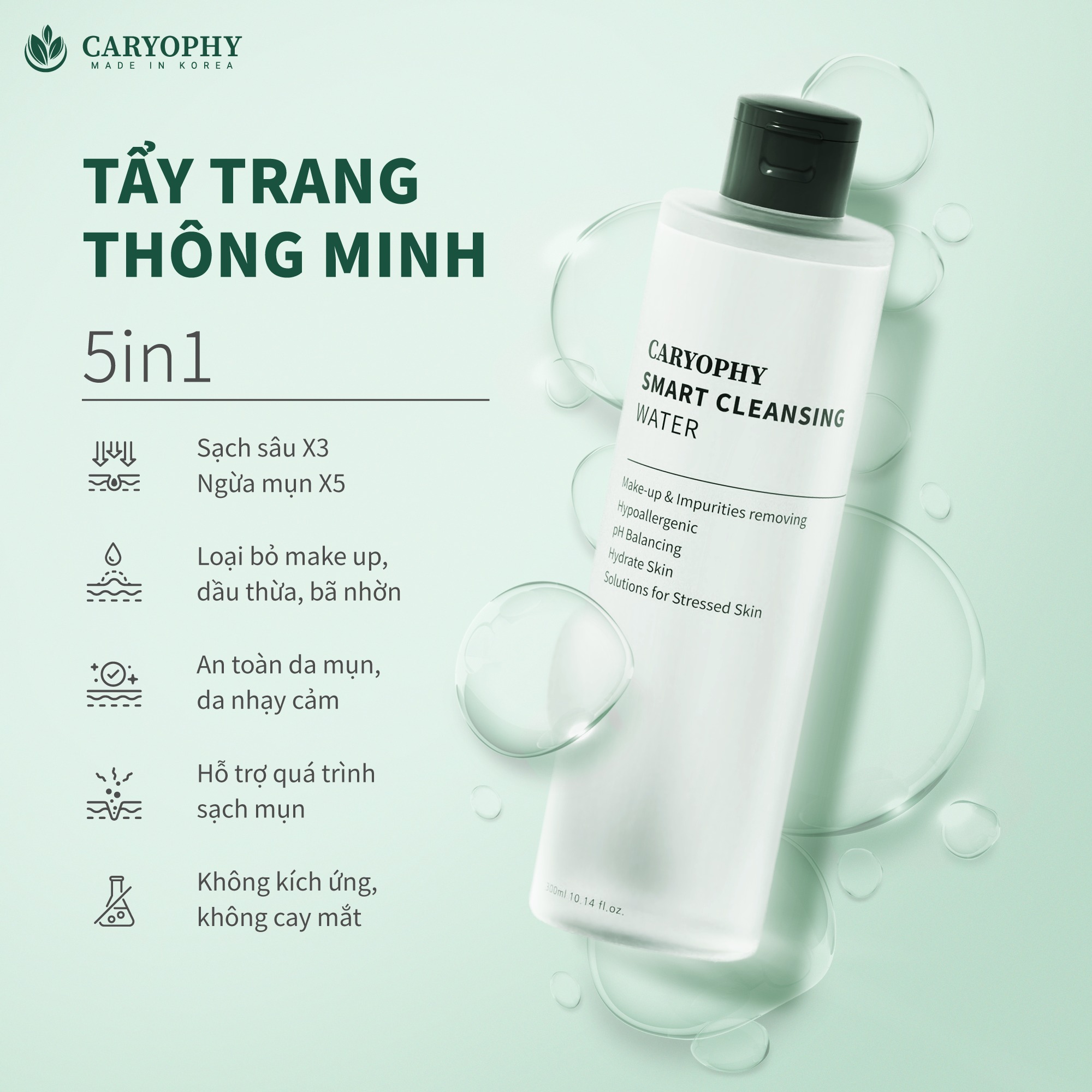 Nước Tẩy Trang Hỗ Trợ Ngăn Ngừa Mụn Caryophy Smart Cleansing 500ml