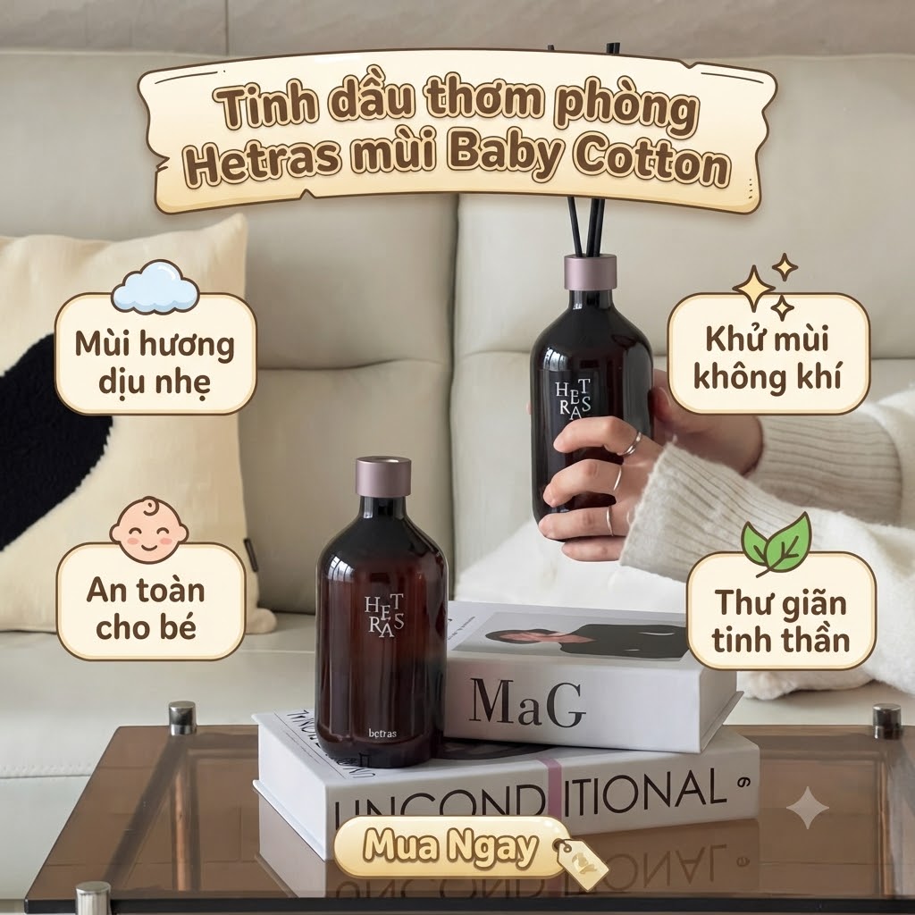 Set 2 Chai Tinh Dầu Nước Hoa Khuếch Tán Hương Thơm Hetras Tone Baby Cotton (500ml x 2)