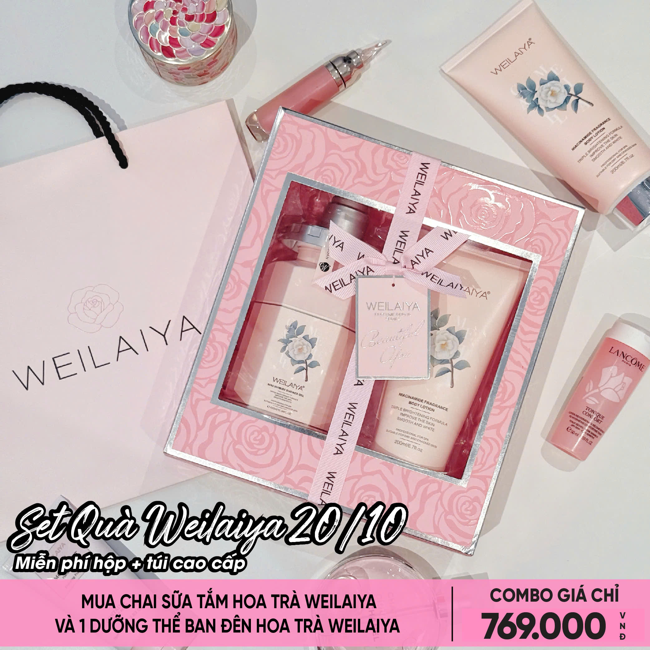 Sét quà tặng cao cấp - Sữa tắm trắng tinh chất hoa trà và Tẩy da chết body Weilaiya