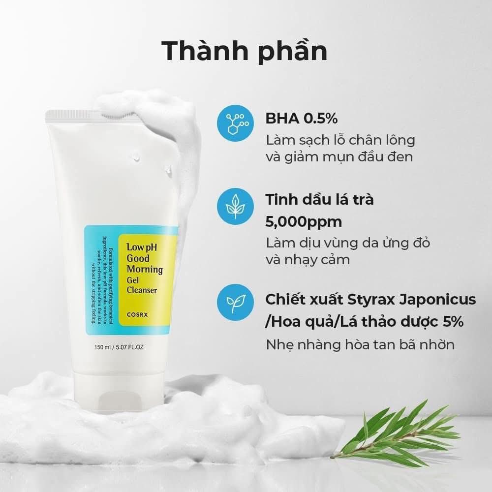 Sữa Rửa Mặt Gel COSRX Low pH Good Morning 150ml - Làm Sạch Dịu Nhẹ, Kháng Khuẩn Tràm Trà, Phù Hợp Da Nhạy Cảm, Dầu, Mụn